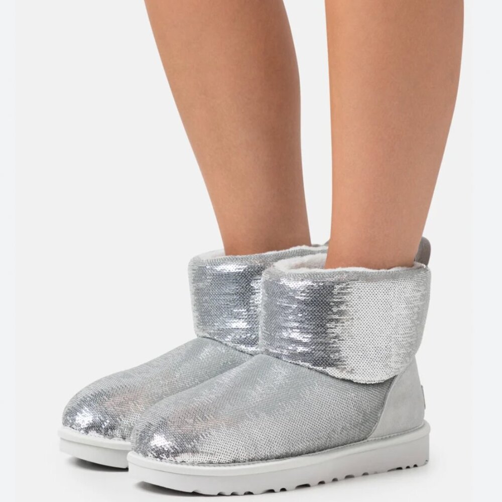 NIB UGG Women Classic Mini Mirror Ball silver  sequin boots 6 7